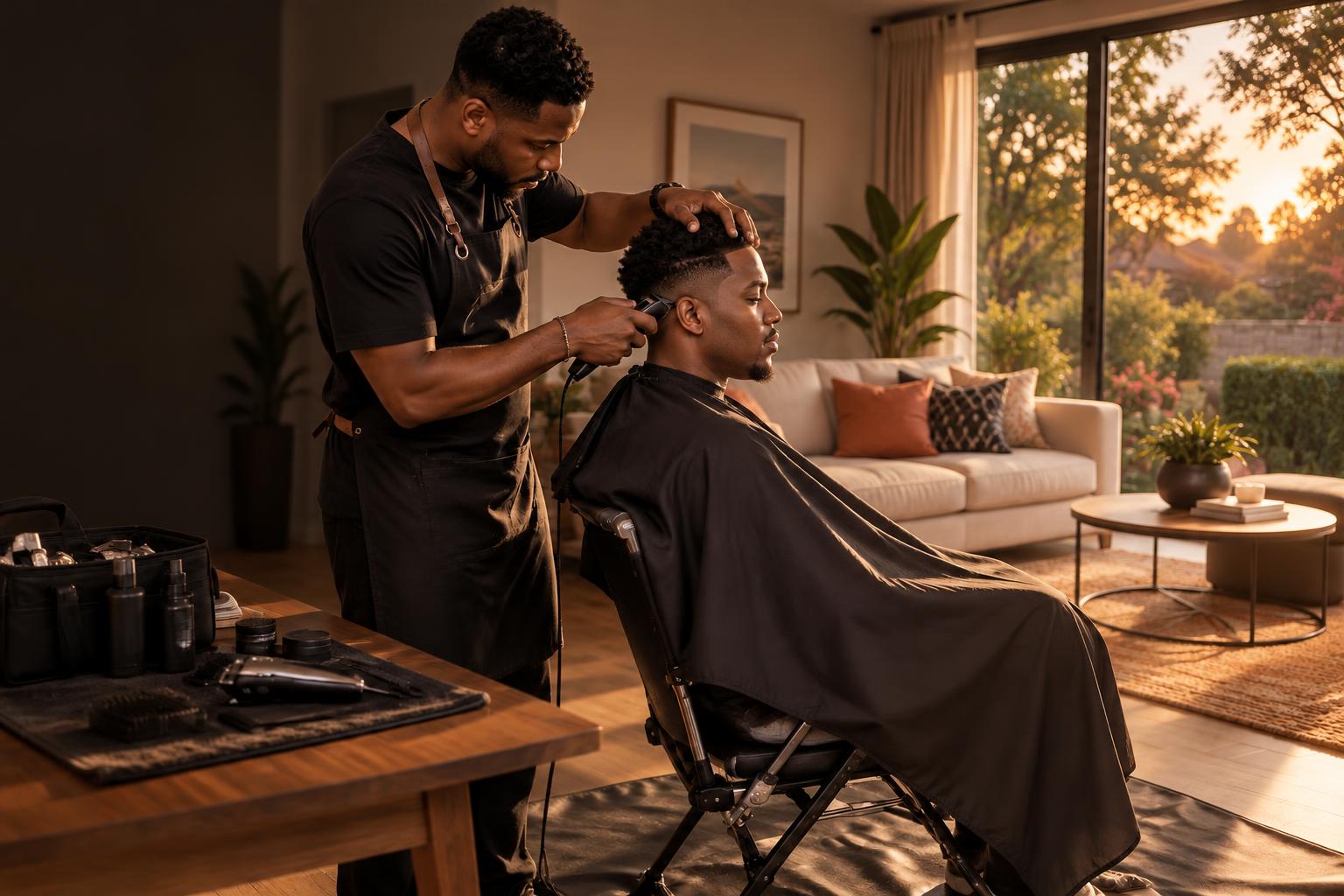 Moses giving a client a skin fade in their home